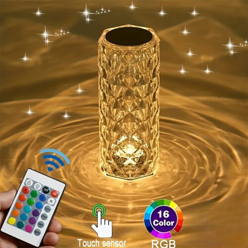 Rose Crystal Table Lamp with Touch & Remote Control - 16 Color Options, USB Rechargeable, 600mAh Lithium Battery, 7 Brightness Levels, 4 Dynamic Light Modes, Ideal for Party, Wedding, Romantic Atmosphere & Gift