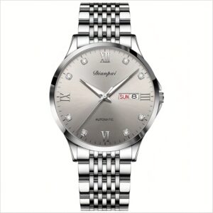 Dianpai Men's Automatic Mechanical Watch - Stainless Steel Business Chronograph with Dual Calendar, Date & Day Display, Rhinestone Accents - Ideal Father’s Day/Birthday Gift for Formal & Casual Wear, Business Wristwatch, Sleek Metallic Finish