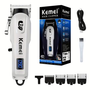 Kemei Electric Hair Clipper USB Rechargeable LED Display 6-Inch Portable Hair Trimmer with 5 Attachments, Ergonomic Handle & Compact Design for Men'S & Women'S Haircutting - Professional Home Use, Hair Trimmer for Men, Sleek Grooming Tool, Durable Constru