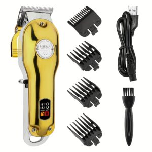 HIENA Golden Electric Hair Clipper with LCD Display - USB Rechargeable, Professional Beard Trimmer & Haircut Machine, 2000mAh Lithium-Ion Battery, Aluminum Body, Includes Multiple Comb Attachments - Ideal Gift