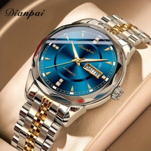 1pc Dianpai Men's Automatic Mechanical Watch with Luminous Blue Dial, Golden Markers & Roman Numerals, Stainless Steel Band, Date & Day Display, Waterproof - Business Casual Style, Ideal Gift for Men, Date Night Accessory