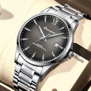 Dianpai Men'S Classic Black Stainless Steel Automatic Mechanical Watch with Calendar - Luminous, Minimalist Design, Round Dial, Uncharged Movement, Without Battery, Pointer Display, Date Display, Mechanical Drive Mode, Without Battery, Durable Watchband,