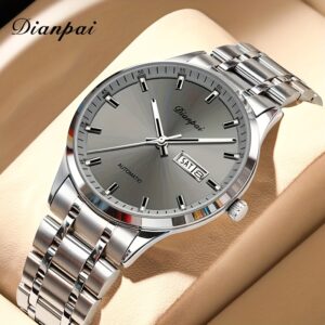 Dianpai Men'S Business Watch 5202-2, Stainless Steel Round Dial, Mechanical Self-Winding Movement, Calendar Feature, Pointer Display, High-Grade Handsome Wristwatch, Without Battery