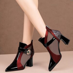 Elegant Women's Colorblock Ankle Boots with Glitter & Rhinestone Buckle - Pointed Toe, Chunky Heel Dress Shoes, Breathable Mesh Panel, Side Zip Closure for Parties, Weddings & Formal Occasions, High Heel Boots