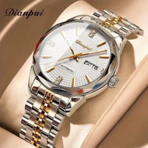 Dianpai Men'S Automatic Mechanical Watch, Self-Winding, Stainless Steel Strap, Rhinestone Accents, Date Display, Uncharged, Without Battery, Round Dial, Fashionable Watch for Everyday Wear